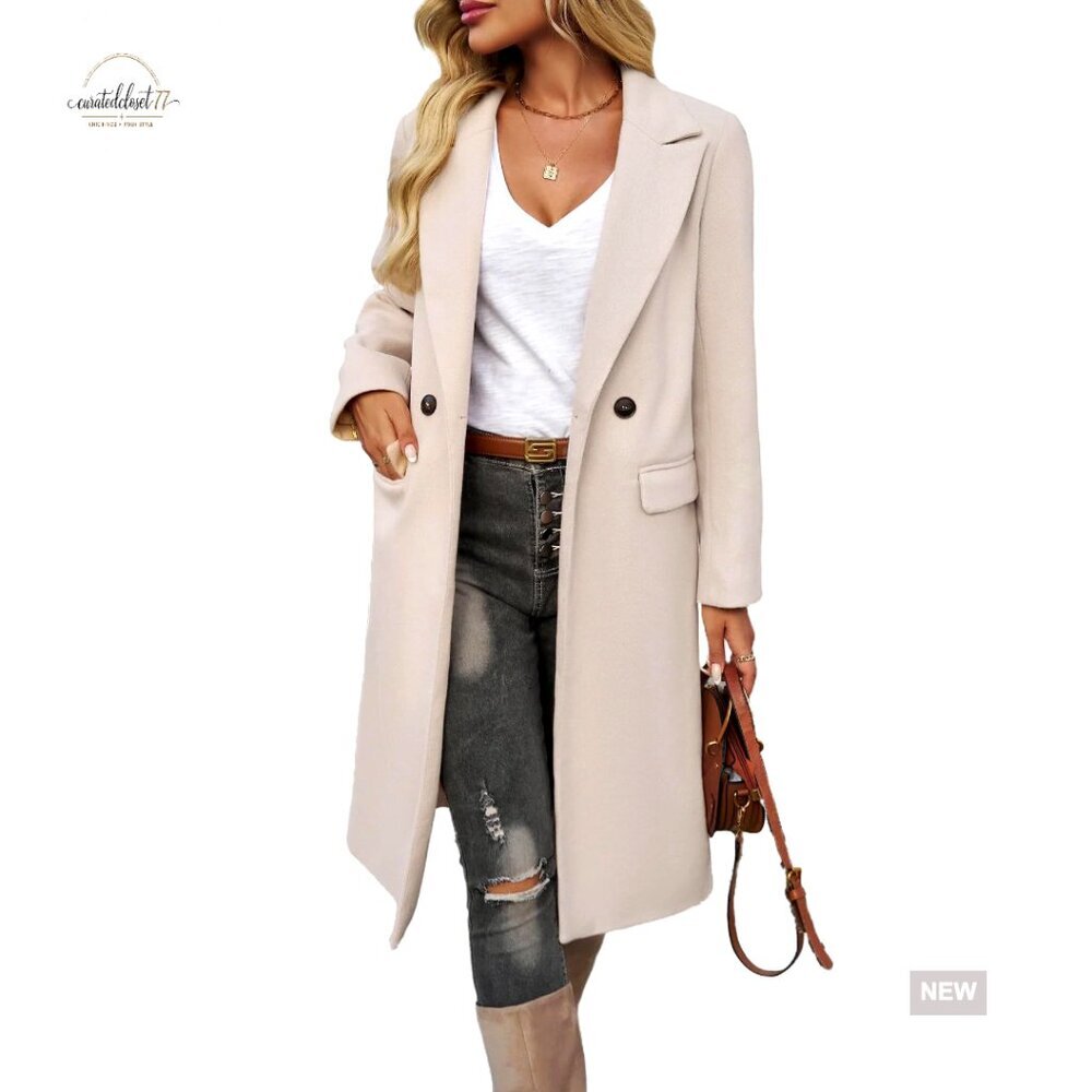 Long Wool Pea Coat Classic Elegant Trench Style Winter Overcoat Chic